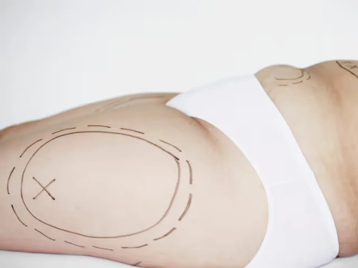 Frau mit Lipödem liegt auf Behandlungstisch, Flächen zur Liposuktion sind auf Oberschenkel angezeichnet